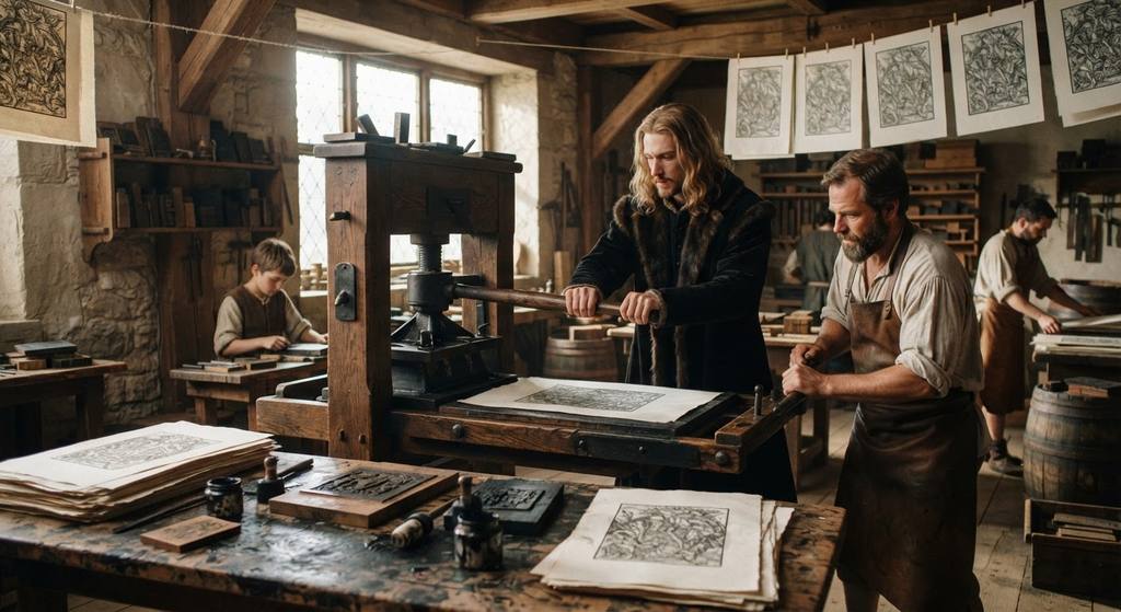 A printer operates a wooden press in a sunlit shop, creating woodcut prints for The Apocalypse.