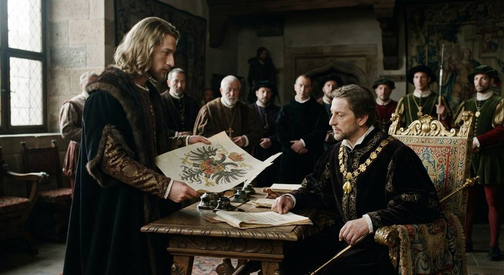 Albrecht Dürer presents detailed imperial heraldry designs to a monarch seated in a grand hall.