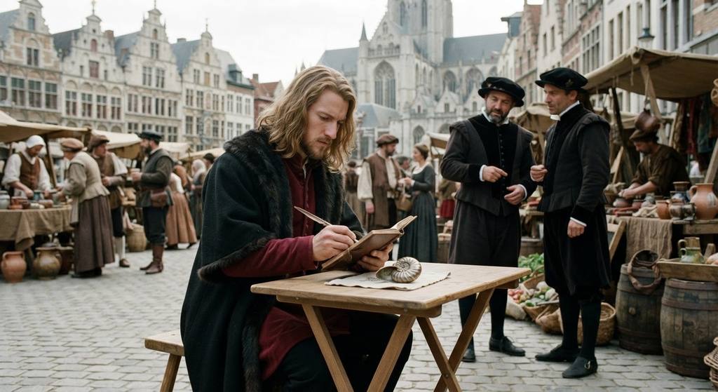Albrecht Dürer sketches local sights and speaks with guild leaders while visiting Antwerp.