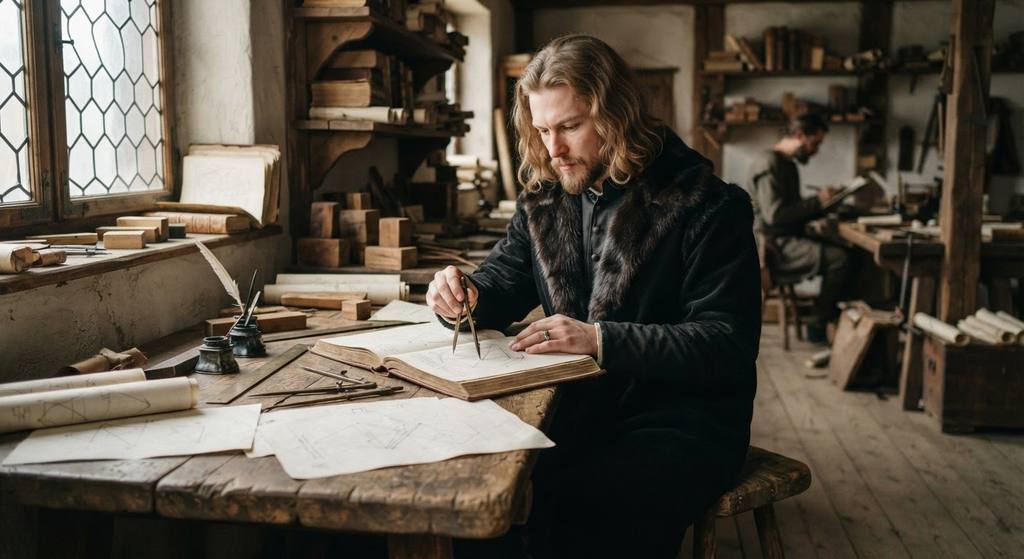 Open leather-bound books display geometric diagrams, compasses, and drafting tools on a wooden table.