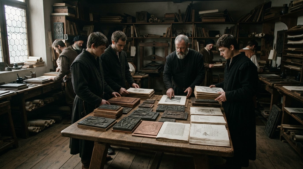 A quiet, empty Nuremberg library contains woodblocks, copperplates, and bound manuscript treatises.