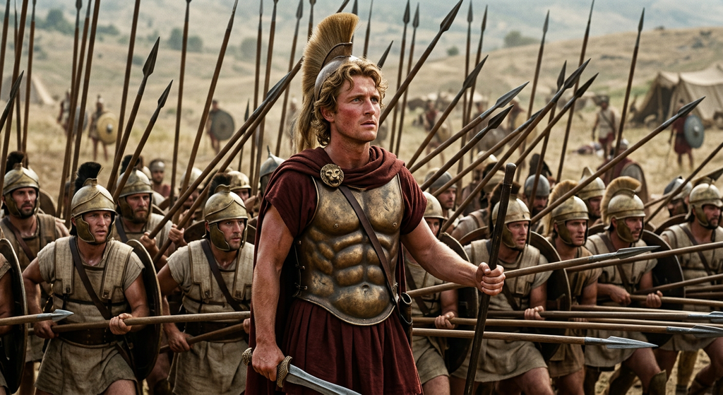 Macedonian soldiers stand tightly together holding long sarissa pikes in a phalanx formation.