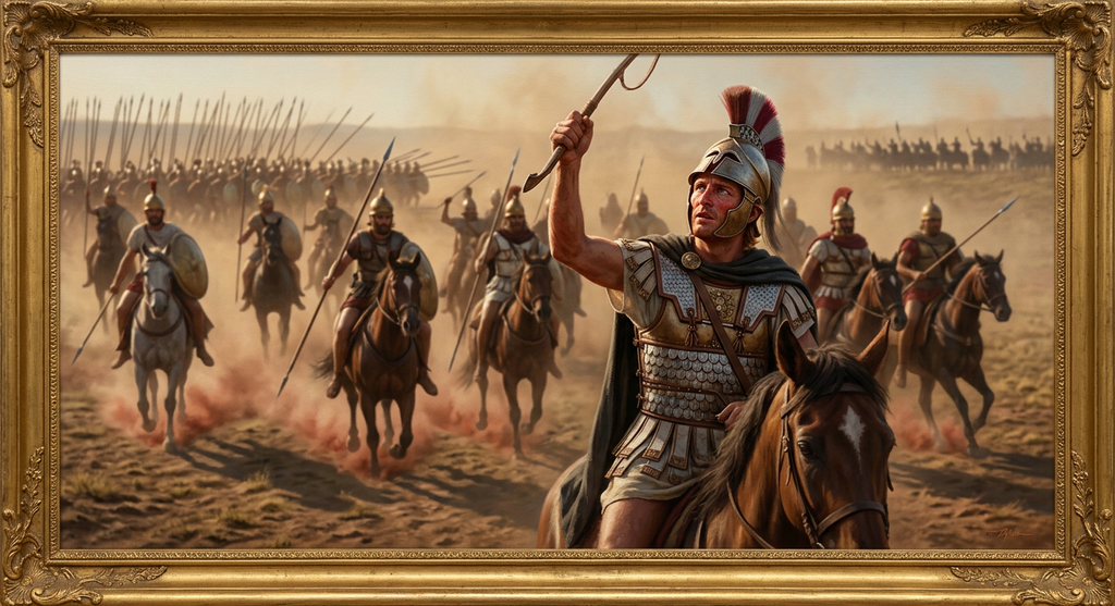 A wedge formation of Macedonian cavalry charges across a wide, dusty plain.