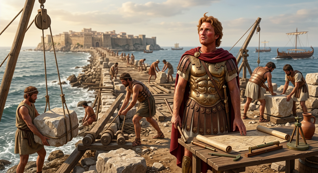 Engineers construct a stone causeway over the ocean toward a distant walled island city.