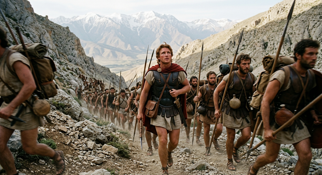 Macedonian soldiers carrying heavy military gear march briskly through a steep mountain pass.