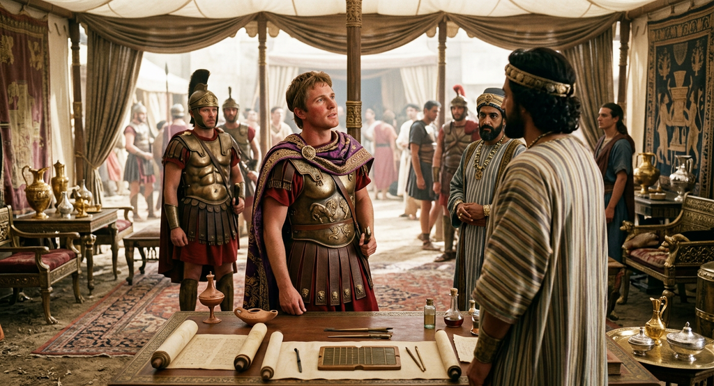 Alexander the Great stands inside a grand pavilion wearing Macedonian armor combined with Persian royal garments.