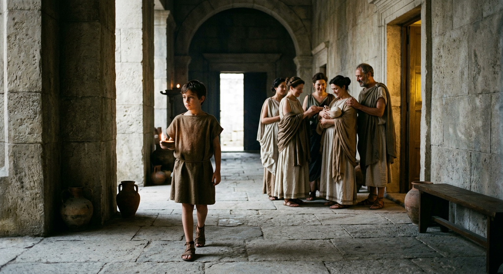 A young boy in an ancient Greek tunic walks through the stone corridors of a Macedonian palace in Pella.
