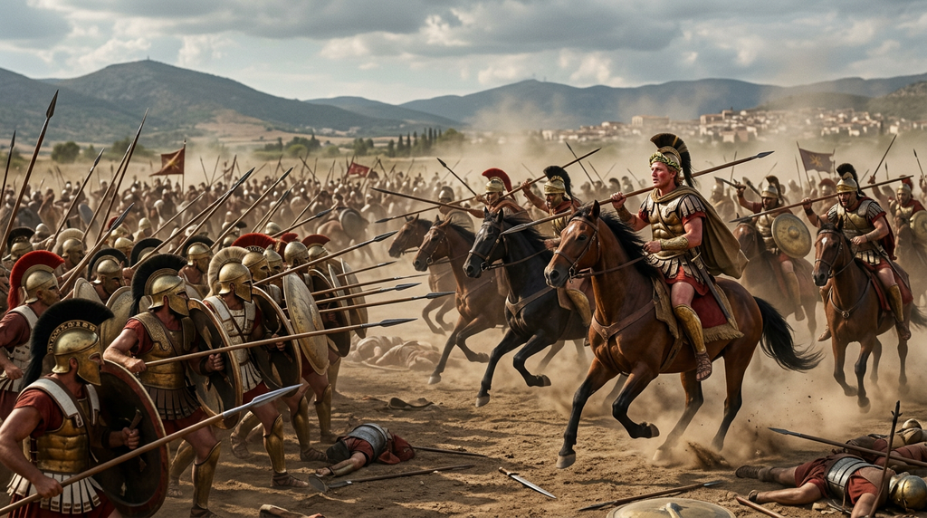 Armored Macedonian cavalry charge across a dusty plain against Greek hoplites during a fierce battle.