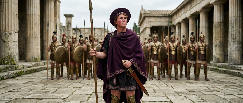 A young king in a purple cloak and kausia hat addresses an assembly of soldiers.