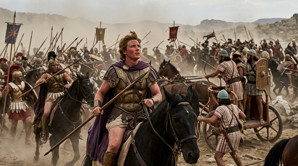 A young commander on horseback charges toward a Persian chariot in a chaotic battle scene.