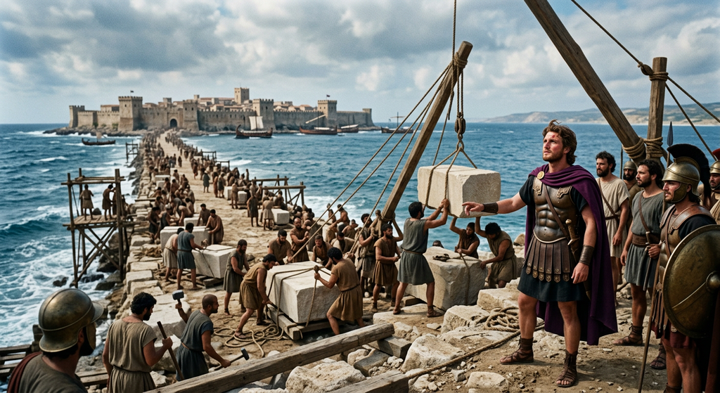 Ancient engineers construct a massive stone causeway through the sea toward a walled island city.