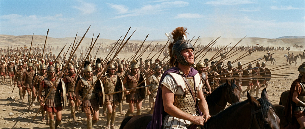 Macedonian soldiers holding long sarissa spears advance across a sunlit desert.