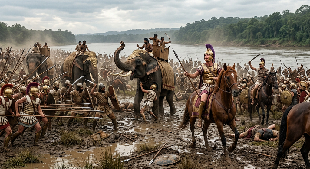 Greek infantry fight against massive war elephants in a muddy river valley.