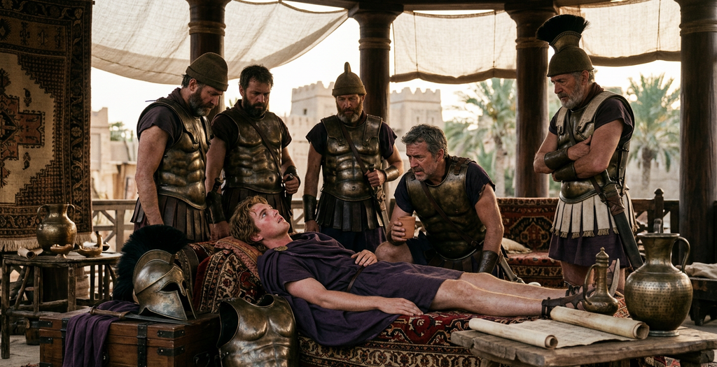 A young king lies resting inside a royal pavilion in Babylon, surrounded by solemn generals.