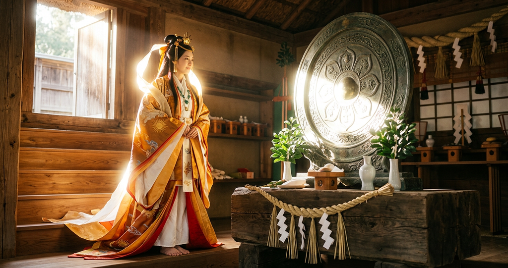 An ancient bronze mirror reflecting bright sunlight rests on a wooden Shinto altar.