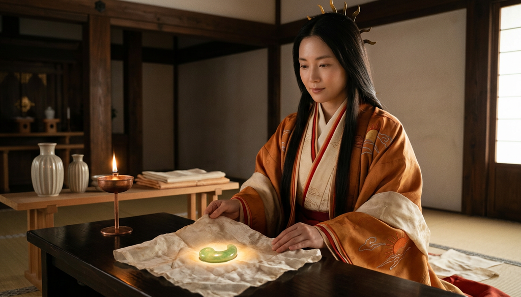 A polished green jade jewel rests on folded white silk, glowing softly.
