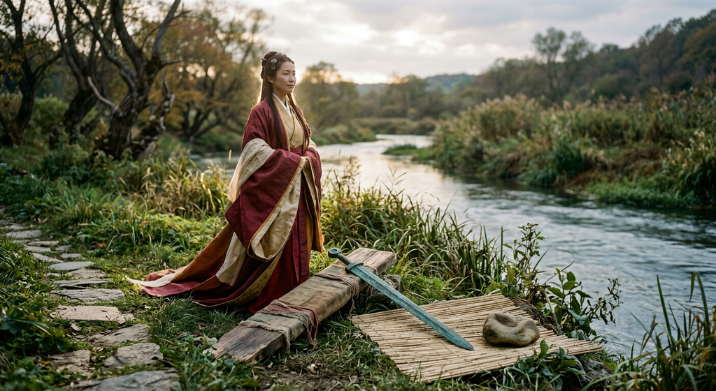 An ancient double-edged bronze sword rests on a grassy bank beside a flowing river.