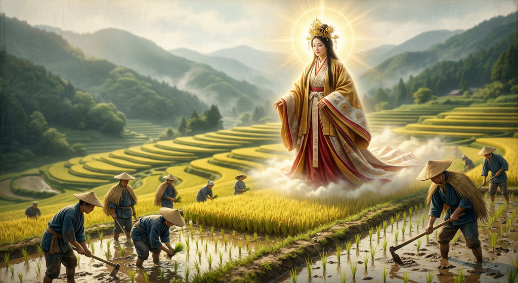 Terraced rice paddies glow golden across a countryside beneath a bright morning sun.