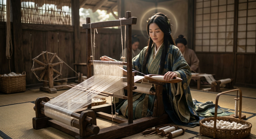 An ancient wooden loom stands strung with fine, shimmering white silk threads.