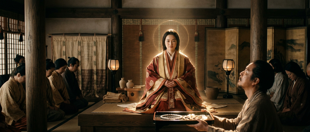 A majestic goddess in flowing silk robes receives a glowing jewel necklace in a celestial setting.