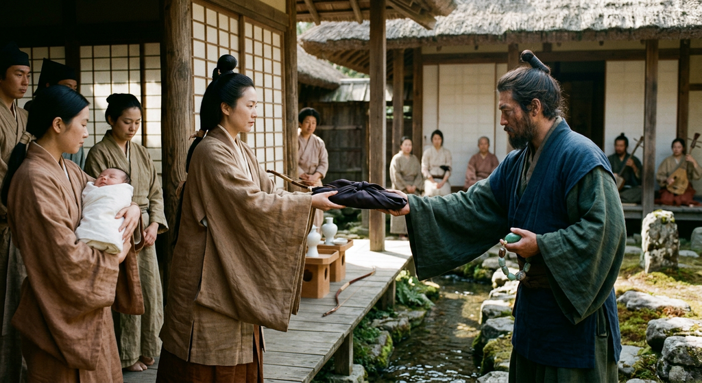 Two divine figures in ancient Japanese robes stand across a celestial river, exchanging swords and jewels.