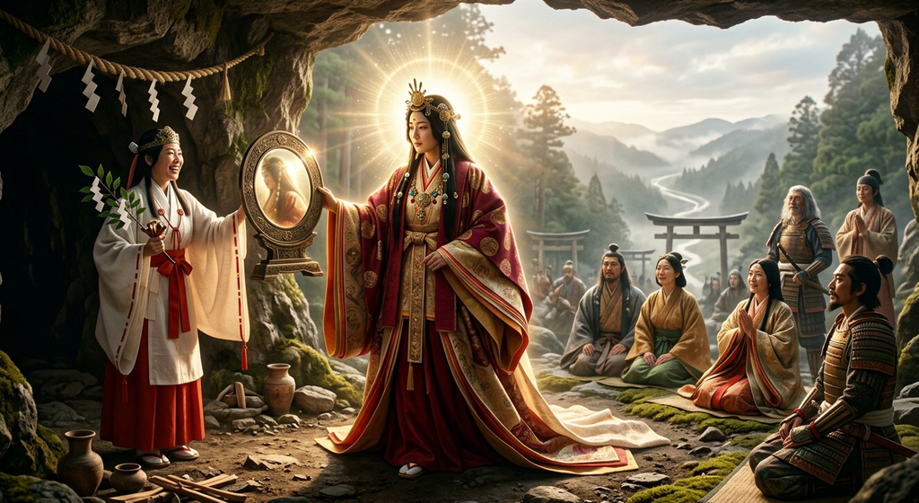 A glowing goddess in silk robes steps from a rocky cave to gaze into a bright bronze mirror.