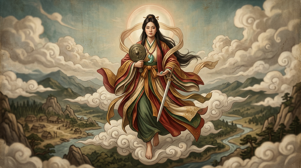 A young deity descends through glowing clouds carrying a bronze mirror, a sword, and a sacred jewel.