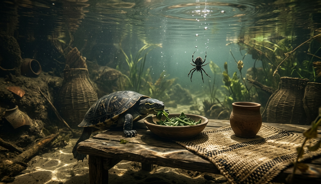 A turtle dines at a small submerged table while a spider floats upward toward the surface of the water.