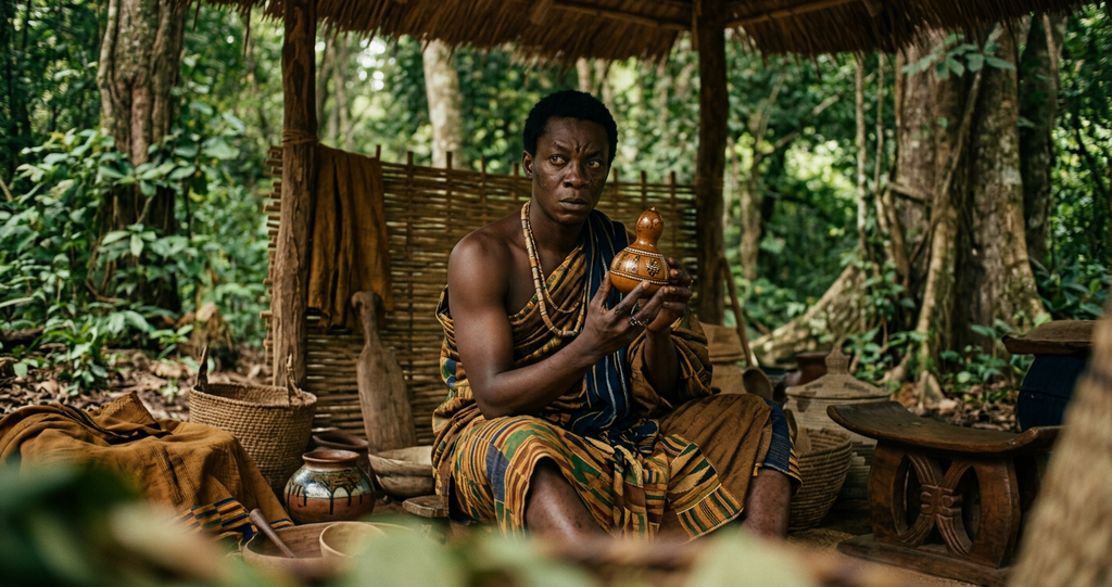 A spider holds a small ornate gourd while nestled among dense foliage in a West African forest.