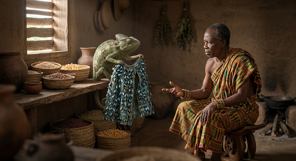A chameleon holds a shimmering cloak made of flies beside a large pile of harvested grain.