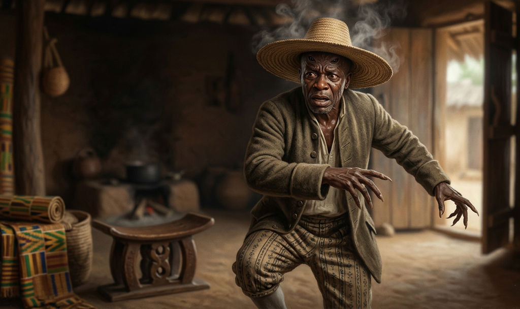 A man with spider-like traits dances frantically as steam rises from under his woven hat.