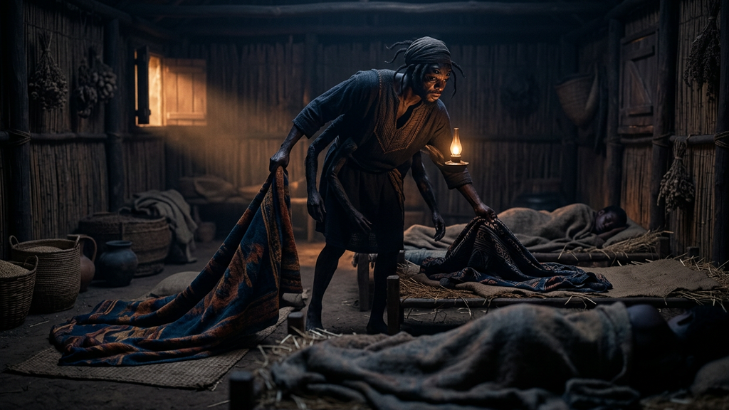 A spider-like figure silently swaps colorful blankets between sleeping beds inside a dim wooden hut.