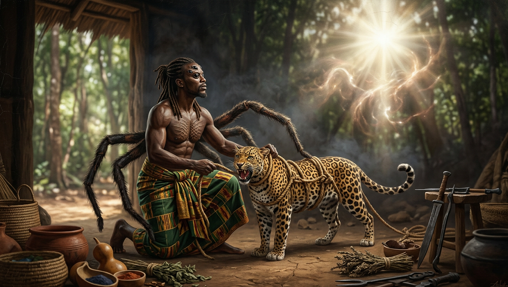 A spider-like man presents a bound leopard to a glowing sky god amidst the trees of a mythical West African forest.