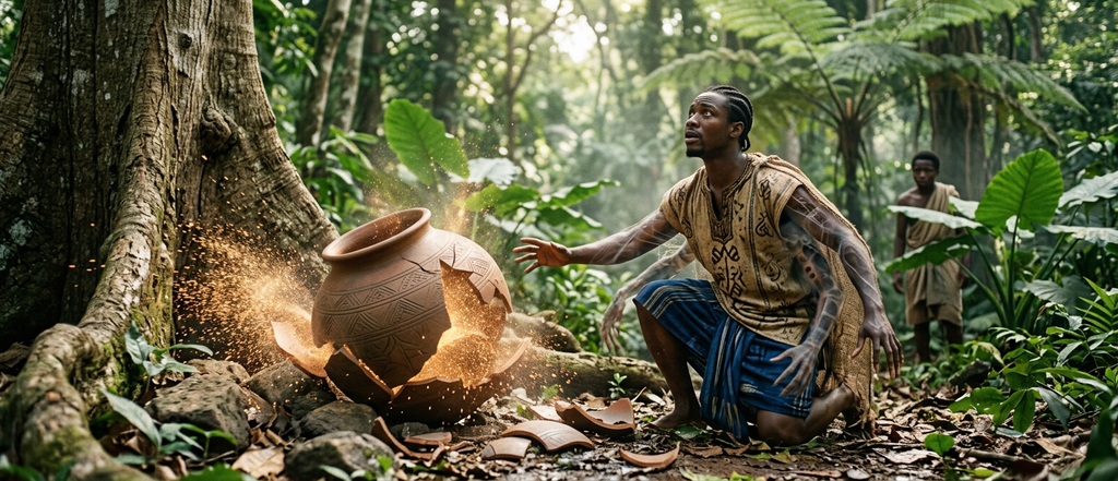 A clay pot shatters at the base of a tall tree in a forest, releasing a cloud of dust into the air.