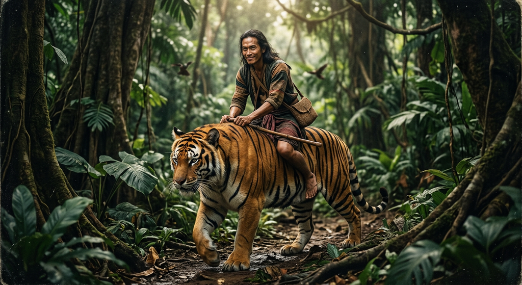A small man sits astride a fierce tiger as it strides through a dense tropical jungle.