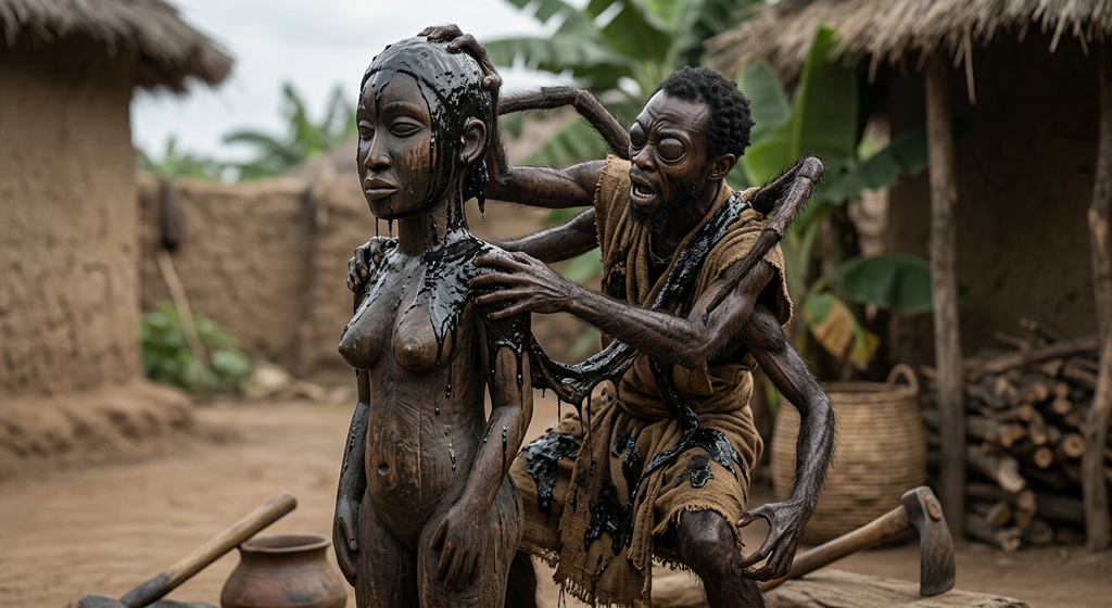 A figure becomes stuck fast after touching a carved wooden statue coated in thick tree gum in a forest clearing.