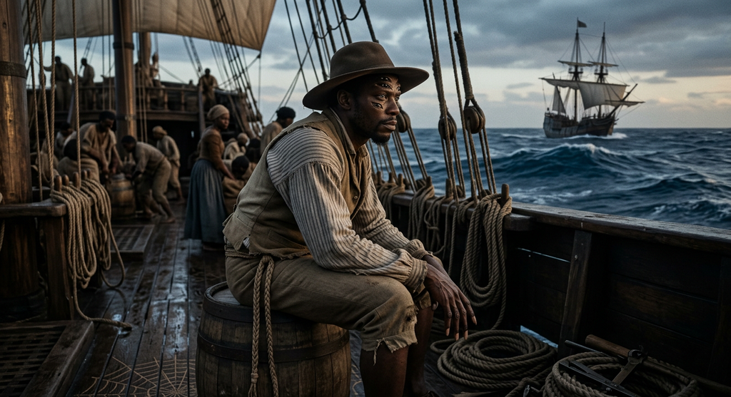A historic wooden sailing ship sails across a dark, stormy ocean under a heavily overcast sky.