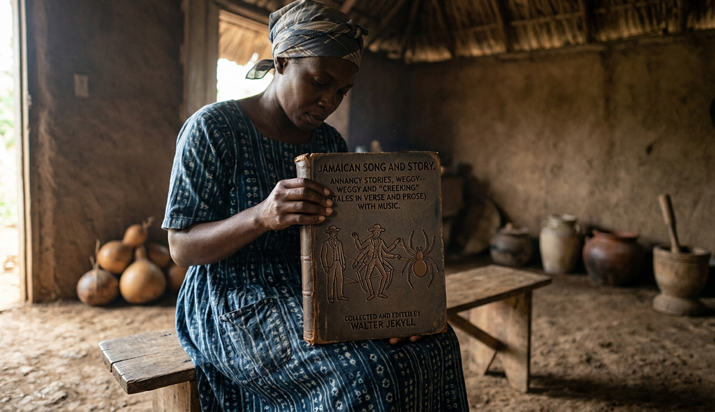 An early twentieth-century book cover displays illustrated traditional Jamaican folk tales.