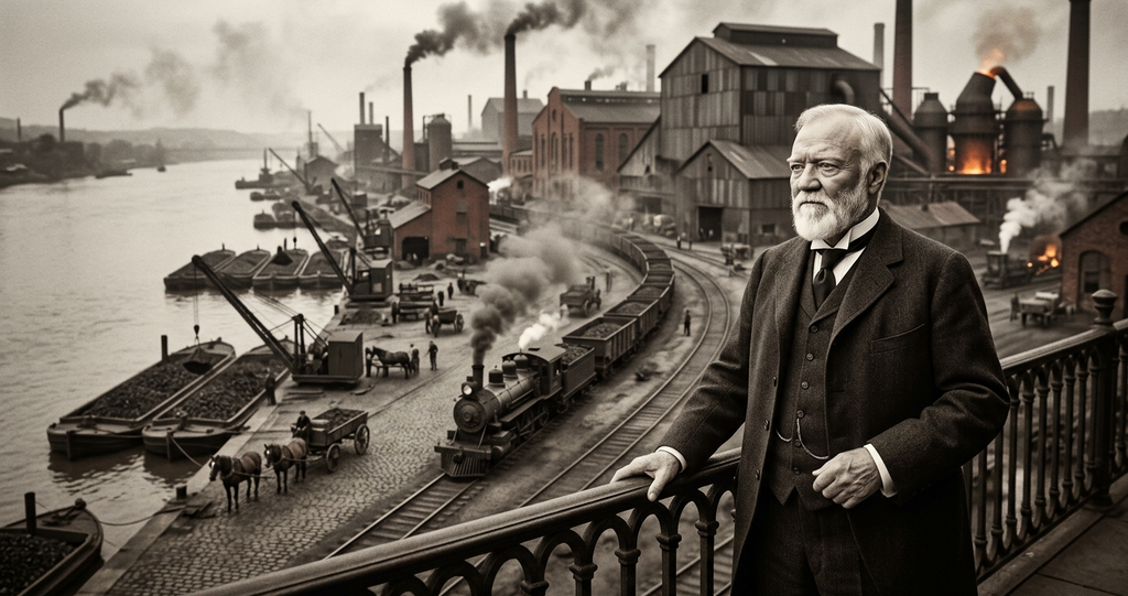 A sprawling industrial steel mill stands beside a river with loaded coal barges and rail lines.