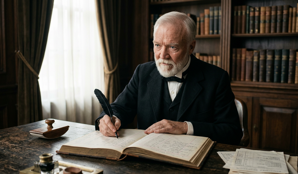 Handwritten columns of financial figures fill an open ledger book resting on a dark wooden desk.