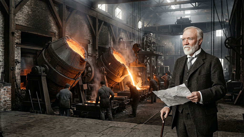 A massive Bessemer converter pours glowing molten steel in a dark industrial foundry.