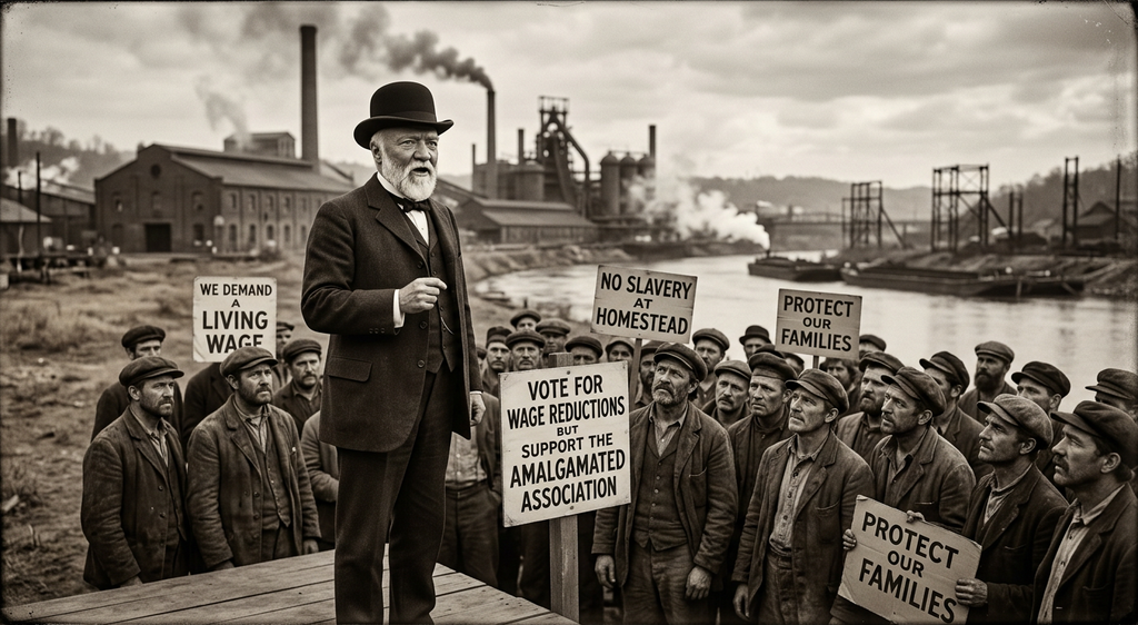 Strikers gather along a riverbank outside a large brick industrial steel facility.