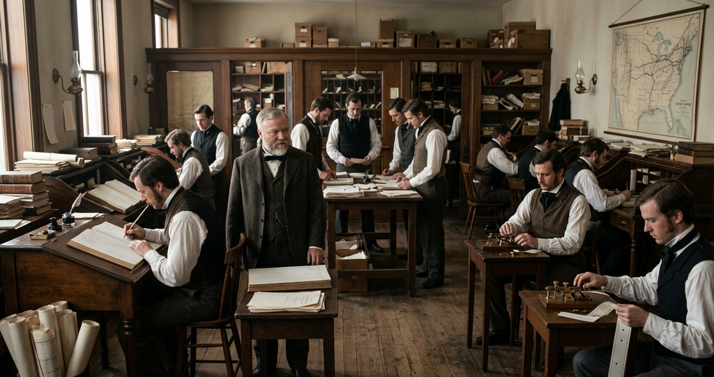 Clerks work at wooden desks alongside telegraph equipment in an active 1850s railroad office.