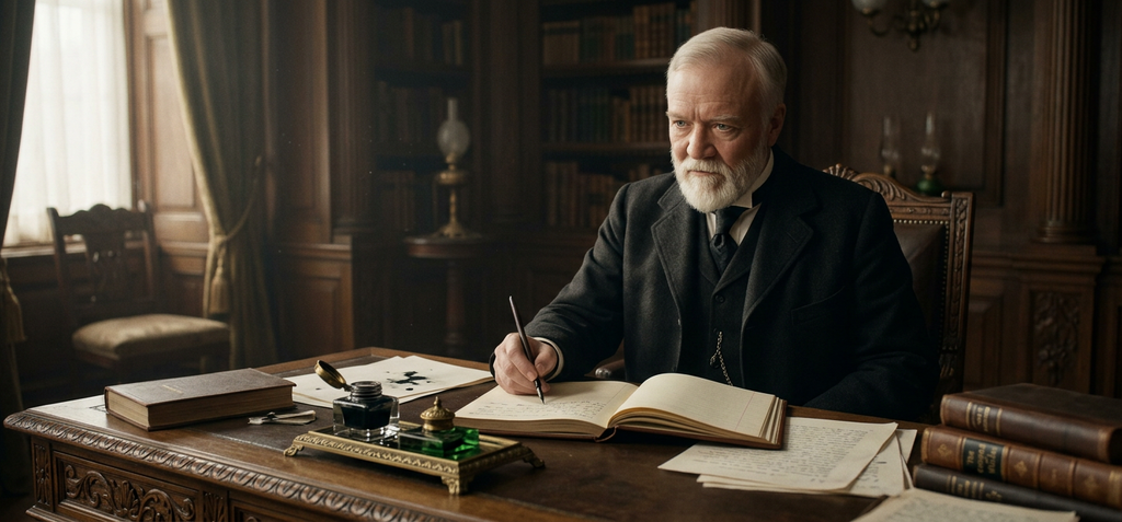 A fountain pen rests beside an open leather-bound journal on a polished wooden desk.
