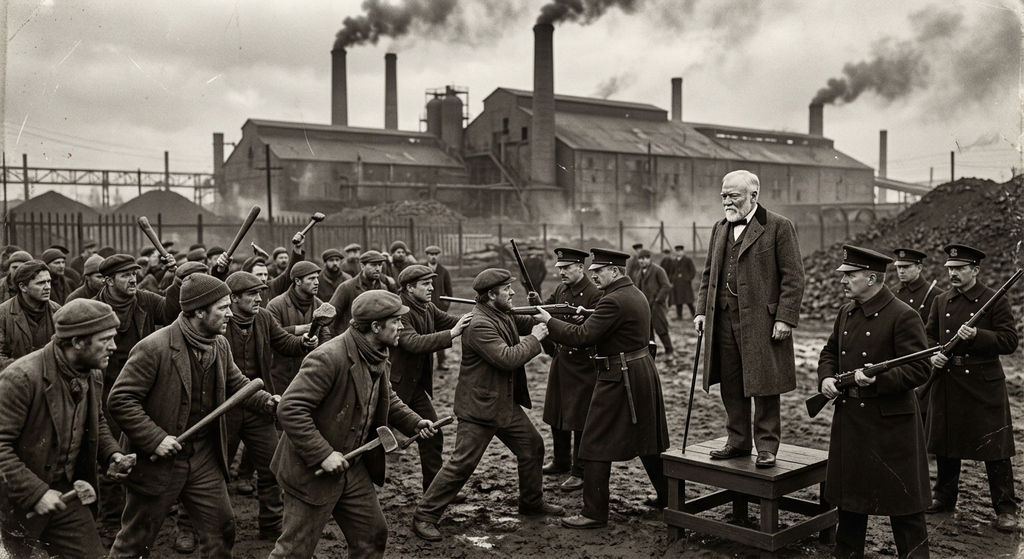 Striking industrial workers confront armed guards in front of a sprawling steel mill complex.