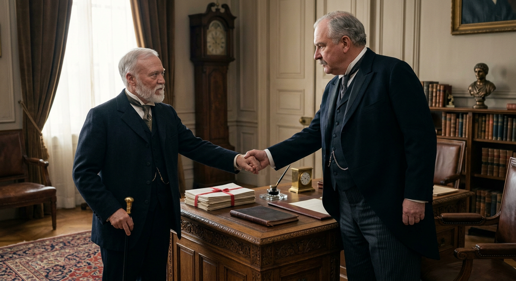 Two men in tailored three-piece suits shake hands inside an ornate, paneled executive office.