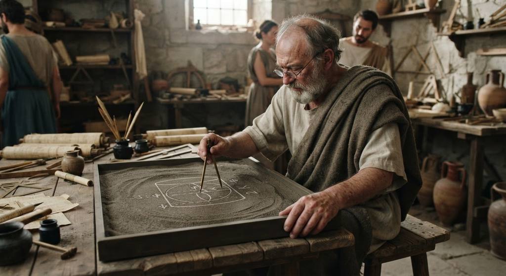 An elderly scholar uses a brass compass to sketch a sphere inside a cylinder on a sand tray.