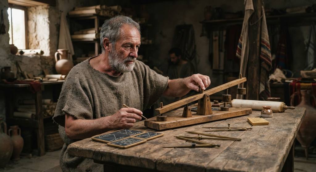 A wooden scale model of a lever and fulcrum rests on a table beside brass drafting tools.