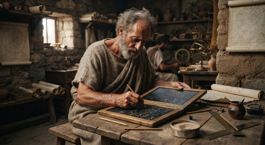 A scholar calculates on a wax tablet, surrounded by celestial maps and containers of sand.