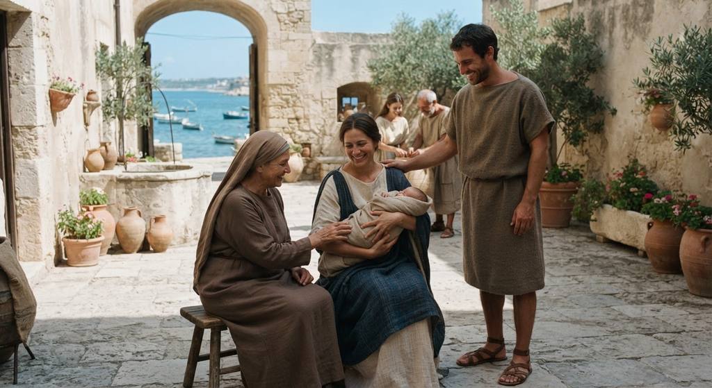 A family gathers in a sunlit stone courtyard in ancient Syracuse, holding a newborn infant under a clear blue sky.